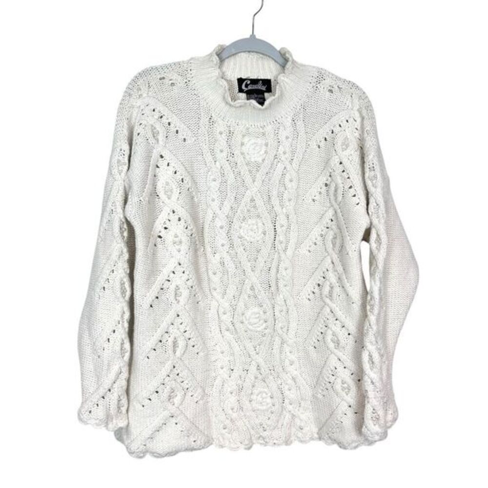 Cavalini Vintage Pearl Sweater Women Large Cream Cable Knit Pullover Chunky Crew
